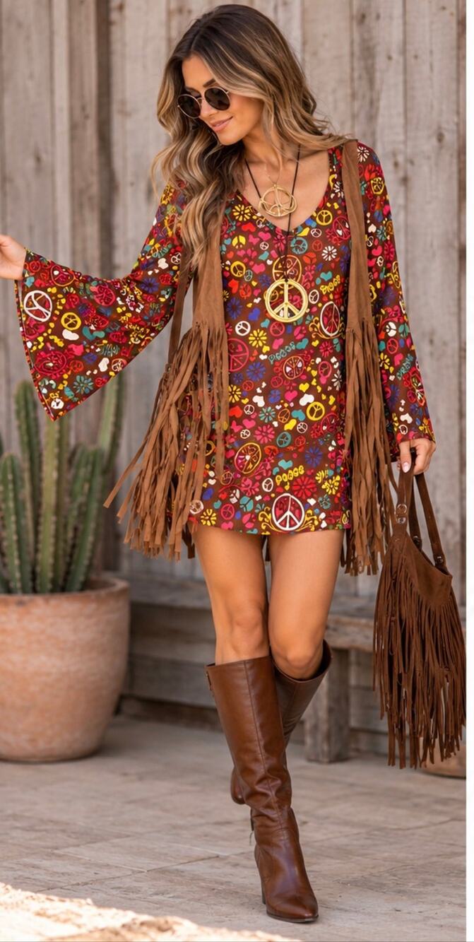 Spirit Halloween Hippie Costume M/L Peace Dress Fringe Vest Bag 60s 70s Boho